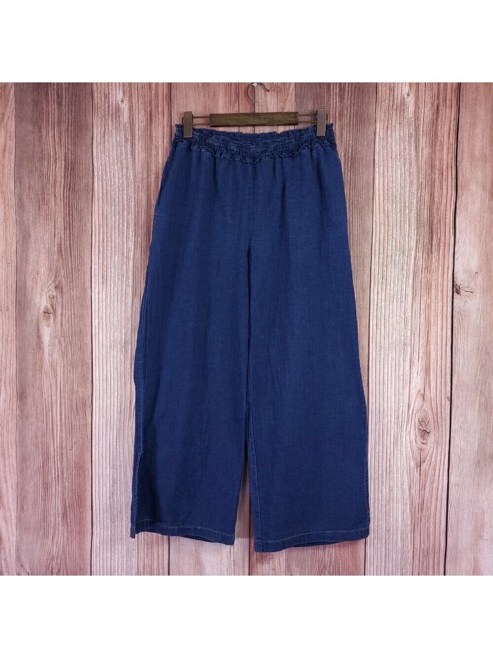 By Anthropologie Wide Leg Slit Hem Pants Womens Medium Elastic Waist Blue Cotton